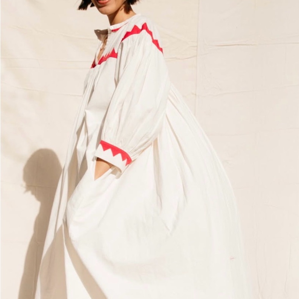 White Cotton Midi Dress with Red Zigzag Trim - Women - Picture 2 of 11